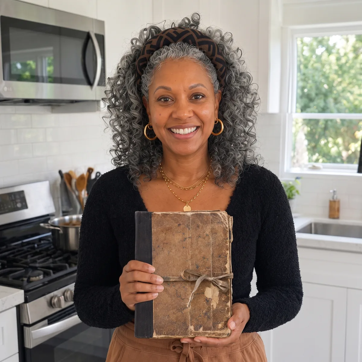 Gwen, a smiling older Black woman with silver-grey curls, standing in her kitchen holding the family's worn, tied-up notebook