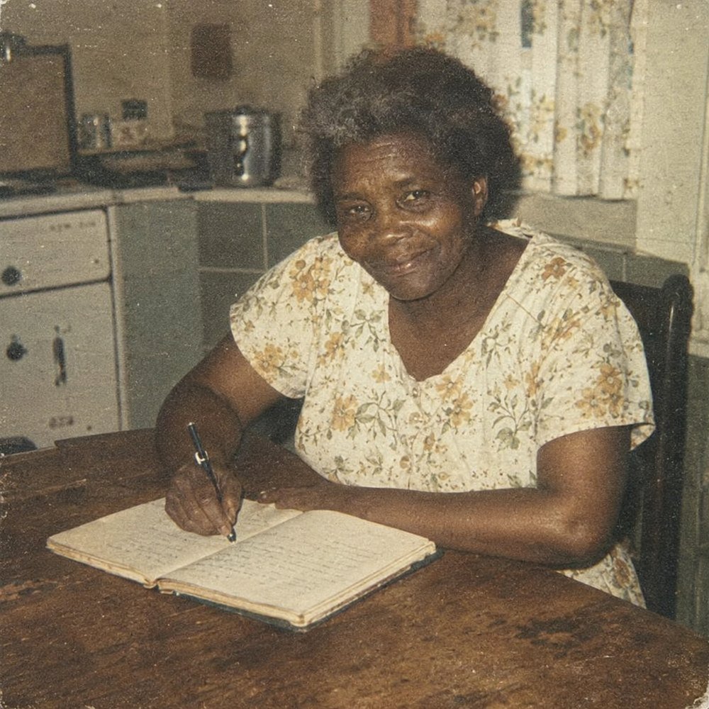 An older Black woman in a floral dress writing in an open notebook at a kitchen table, 1960s film photograph